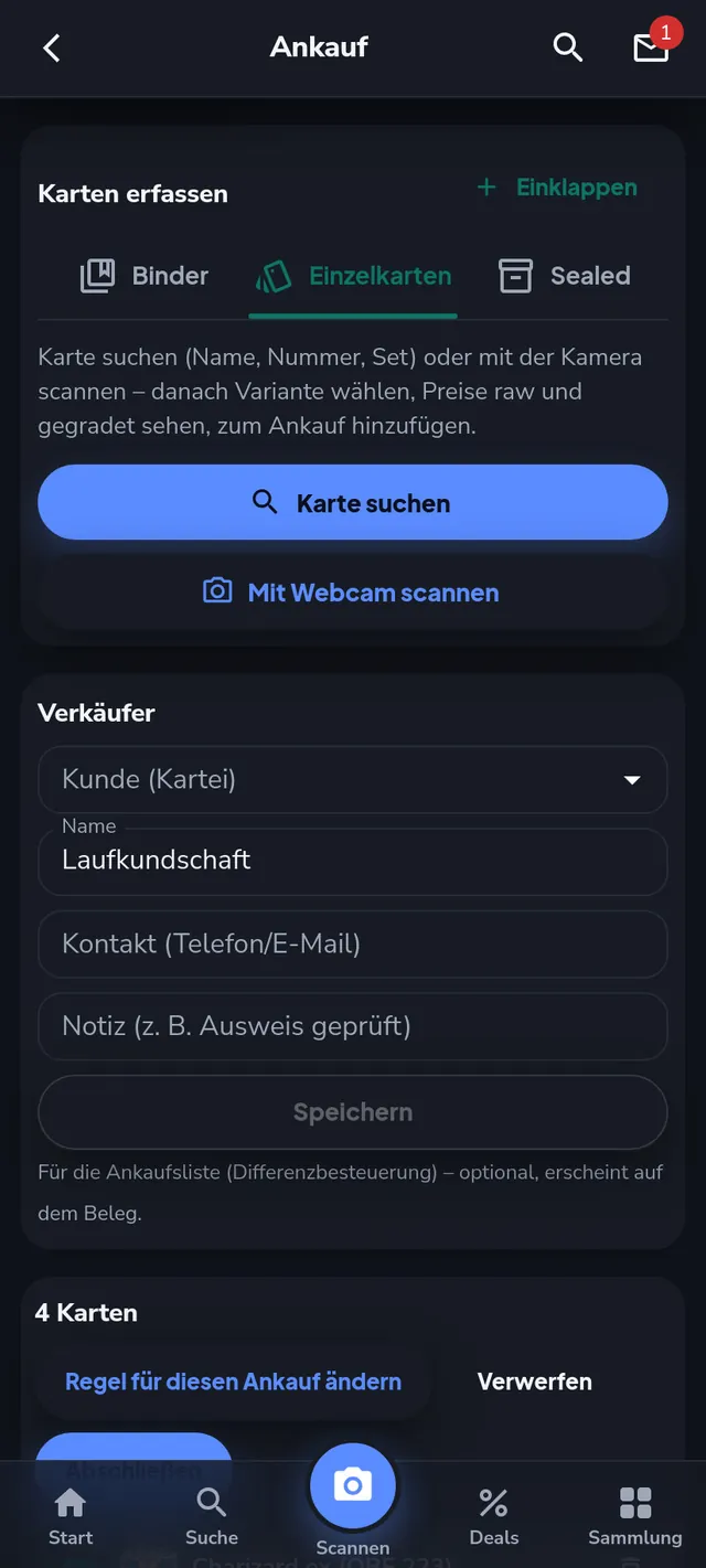 Einzelkarten suchen oder scannen