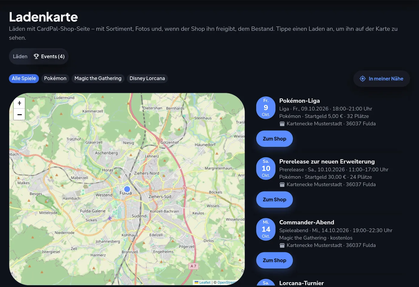 Ladenkarte mit Events in der Nähe
