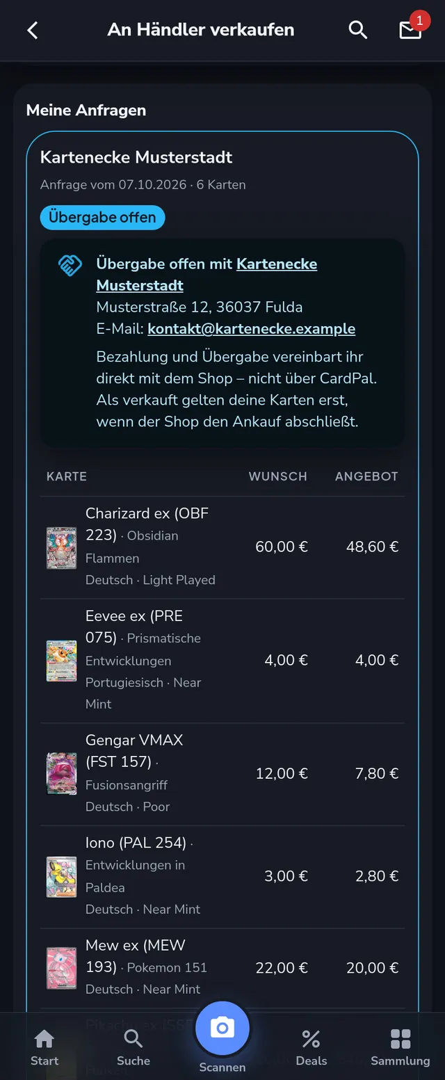 Übergabe offen mit Adresse des Shops