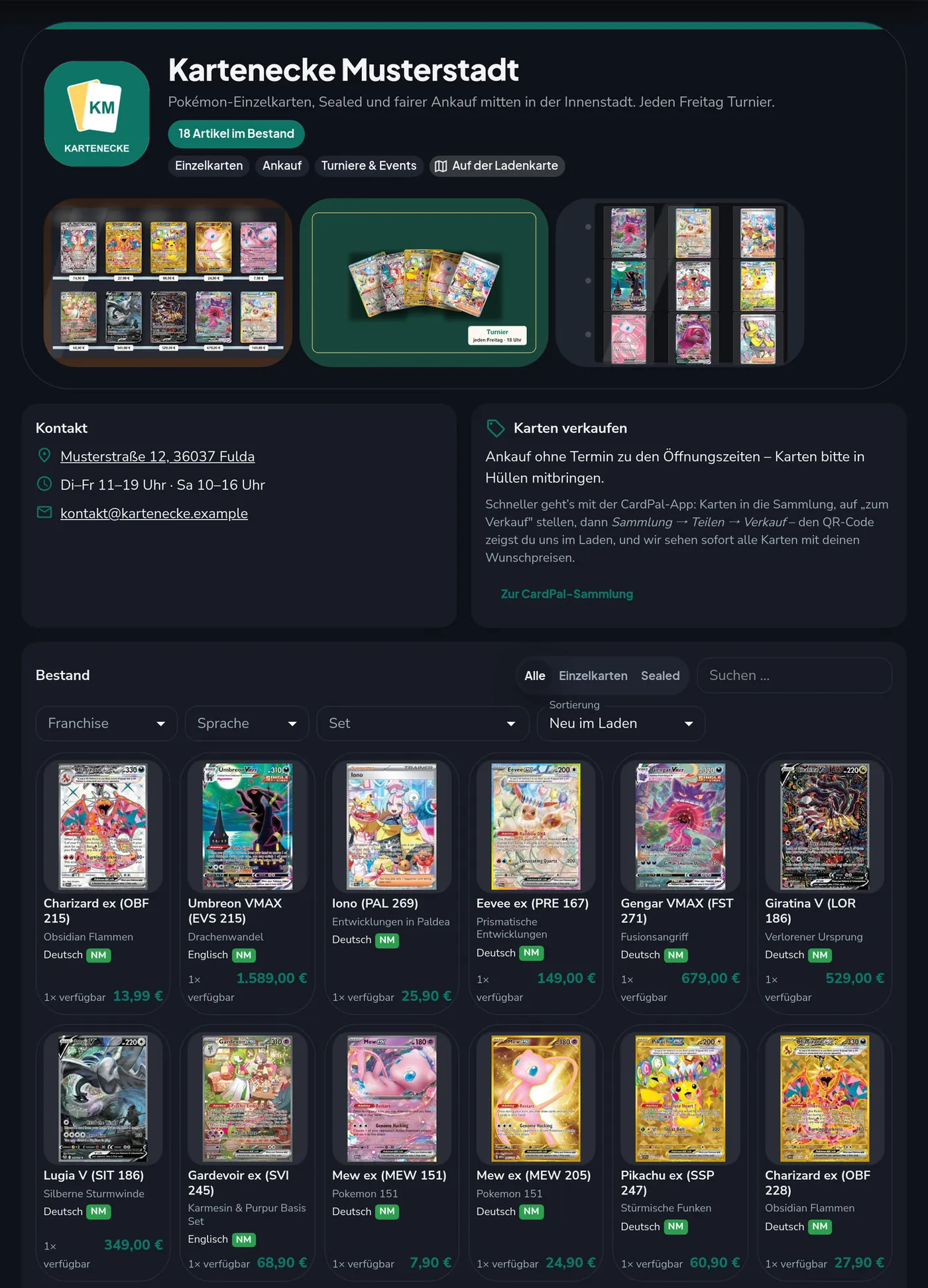 Öffentliche Shop-Seite eines Beispiel-Shops mit Bestand